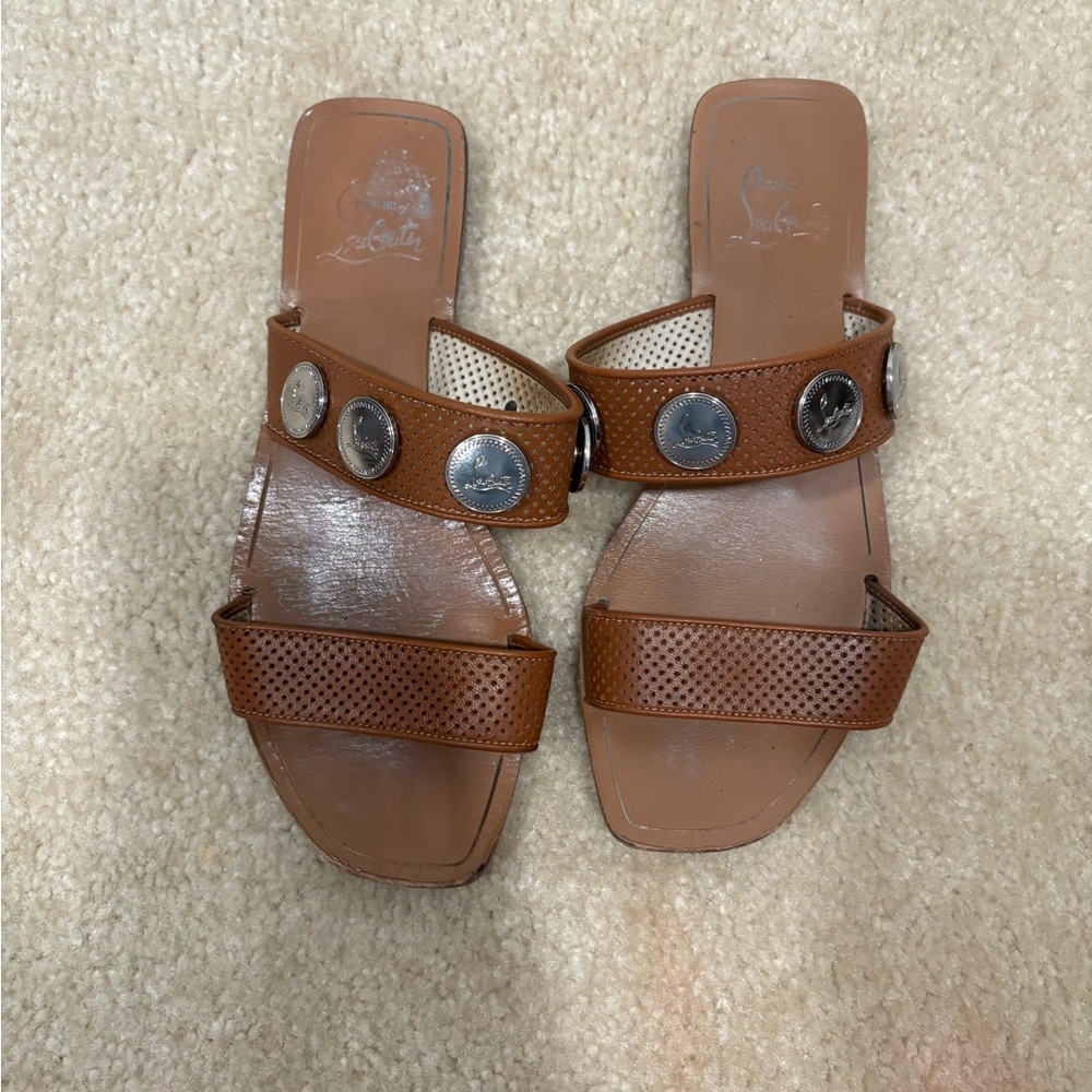 Christian Louboutin Brown Silver Sandals with Studded Design
